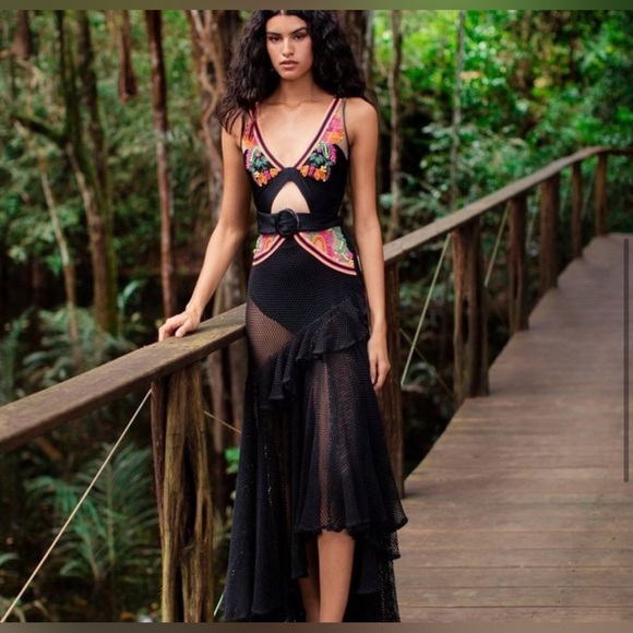 NWT $850 PatBO Neon Beaded Embellished Black Mesh Beach Maxi Small - Picture 6 of 16